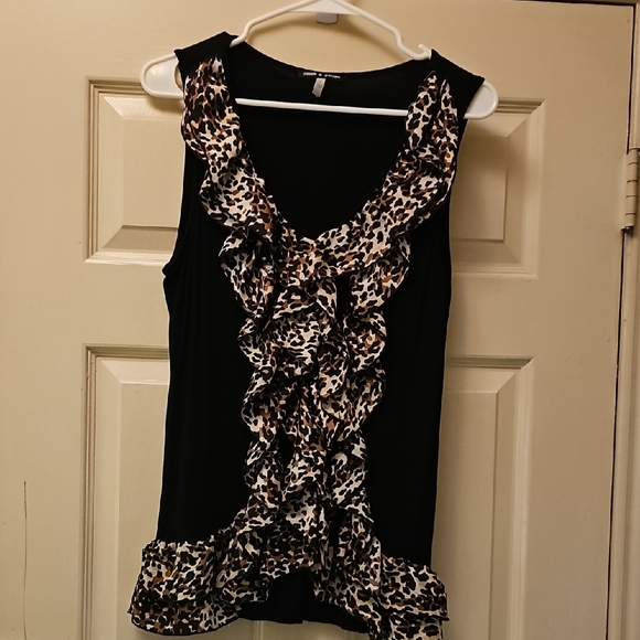 Cable & Gauge Tops - Cable & Gauge Black Tank Top with Leopard Ruffles